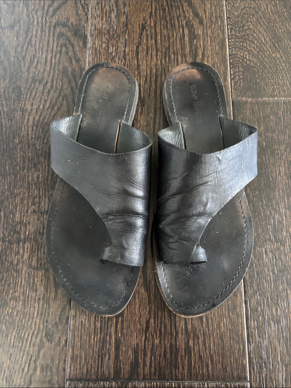 Black Leather Toe-Loop Slide Sandals